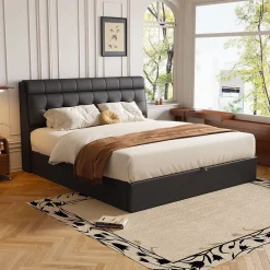 Redom Lit 140x200 cm tapissé PU noir avec tête de lit coffre et rangement hydraulique intégré, au design moderne* Lit Avec Rangement
