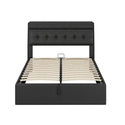 Redom Lit 140x200 cm tapissé PU noir avec tête de lit coffre et rangement hydraulique intégré, au design moderne* Lit Avec Rangement