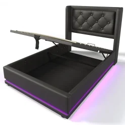 Lit 90x200 cm tapissé PU noir avec coffre hydraulique et tête de lit rembourrée, port USB-C intégré><noscript><img width=