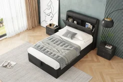 Lit 90x200 cm tapissé PU noir avec coffre de rangement hydraulique, tête de lit coffre et sommier à lattes><noscript><img width=
