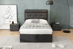 Lit 90x200 cm tapissé PU noir avec coffre de rangement hydraulique, tête de lit coffre et sommier à lattes><noscript><img width=