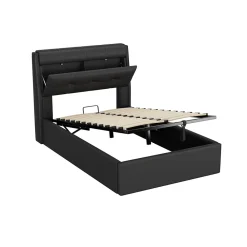 Lit 90x200 cm tapissé PU noir avec coffre de rangement hydraulique, tête de lit coffre et sommier à lattes><noscript><img width=