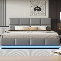 Lit 180x200 cm tapissé similicuir gris ciment avec LED, coffre hydraulique et tête de lit réglable 91/101 cm>Redom Discount