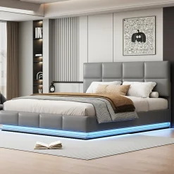 Lit 180x200 cm tapissé similicuir gris ciment avec LED, coffre hydraulique et tête de lit réglable 91/101 cm>Redom Discount