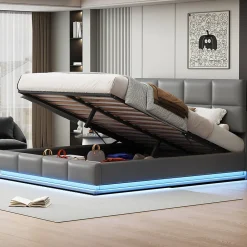 Lit 180x200 cm tapissé similicuir gris ciment avec LED, coffre hydraulique et tête de lit réglable 91/101 cm><noscript><img width=