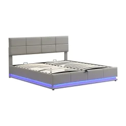 Lit 180x200 cm tapissé similicuir gris ciment avec LED, coffre hydraulique et tête de lit réglable 91/101 cm><noscript><img width=