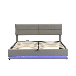 Lit 180x200 cm tapissé similicuir gris ciment avec LED, coffre hydraulique et tête de lit réglable 91/101 cm><noscript><img width=