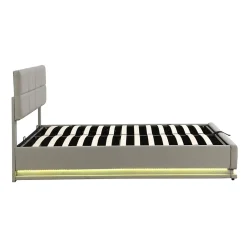 Lit 180x200 cm tapissé similicuir gris ciment avec LED, coffre hydraulique et tête de lit réglable 91/101 cm><noscript><img width=