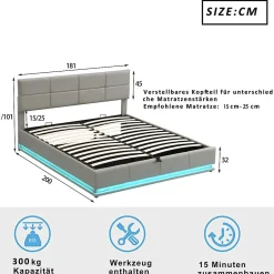 Lit 180x200 cm tapissé similicuir gris ciment avec LED, coffre hydraulique et tête de lit réglable 91/101 cm><noscript><img width=