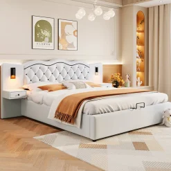 Lit 180x200 cm tapissé tissu effet lin beige avec tête de lit intégrée, coffre hydraulique et prises USB>Redom Sale