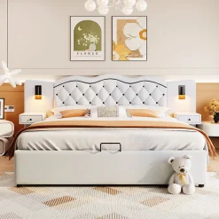 Lit 180x200 cm tapissé tissu effet lin beige avec tête de lit intégrée, coffre hydraulique et prises USB><noscript><img width=