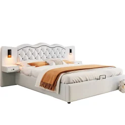 Lit 180x200 cm tapissé tissu effet lin beige avec tête de lit intégrée, coffre hydraulique et prises USB><noscript><img width=