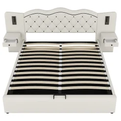 Lit 180x200 cm tapissé tissu effet lin beige avec tête de lit intégrée, coffre hydraulique et prises USB><noscript><img width=