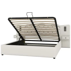 Lit 180x200 cm tapissé tissu effet lin beige avec tête de lit intégrée, coffre hydraulique et prises USB><noscript><img width=