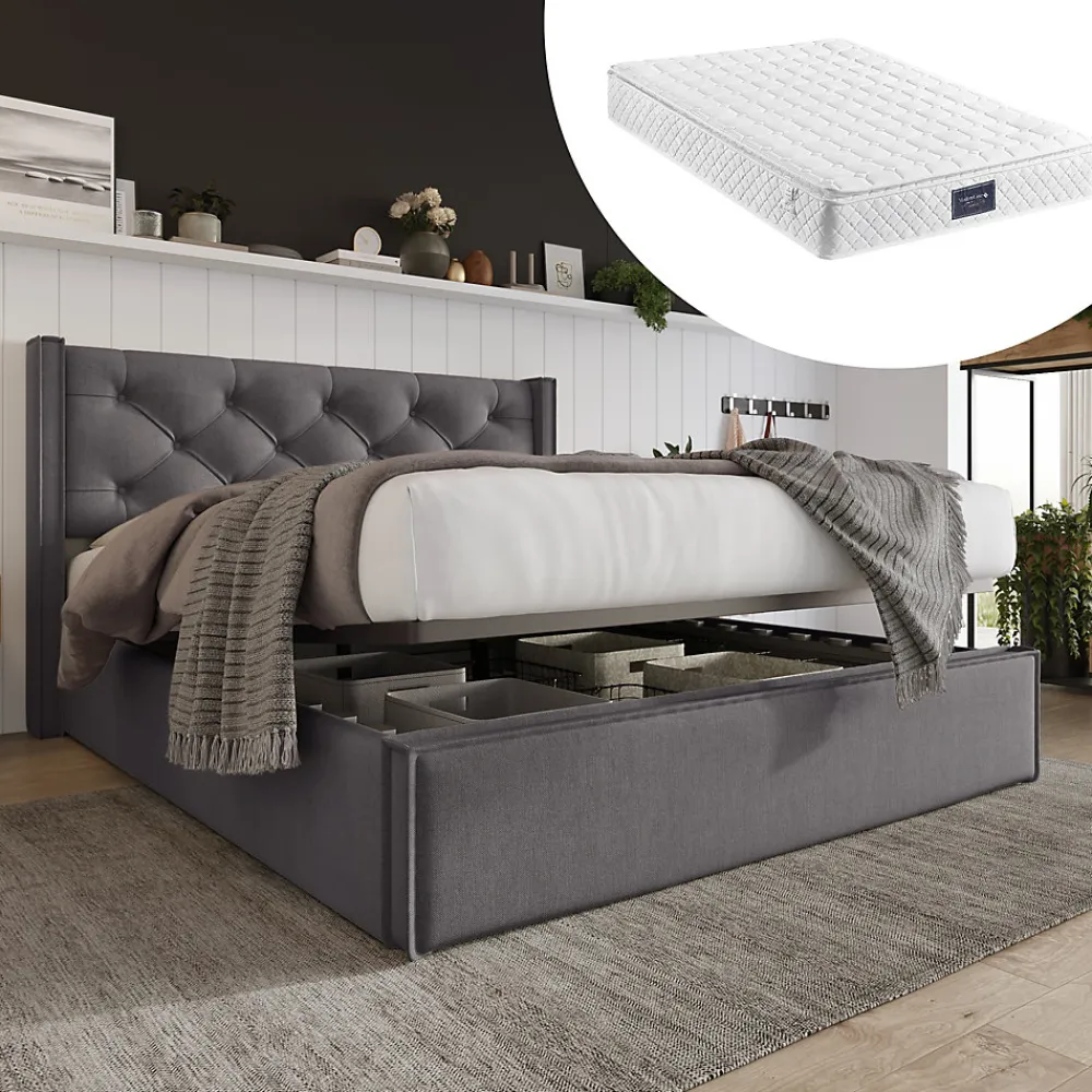 Lit 160x200 cm tapissé tissu gris avec coffre de rangement, tête de lit capitonnée et structure bois/métal>Redom Outlet