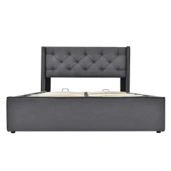 Lit 160x200 cm tapissé tissu gris avec coffre de rangement, tête de lit capitonnée et structure bois/métal><noscript><img width=