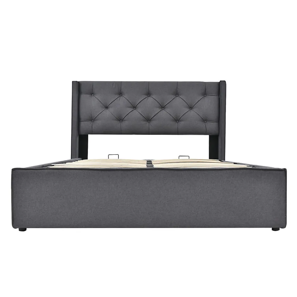 Lit 160x200 cm tapissé tissu gris avec coffre de rangement, tête de lit capitonnée et structure bois/métal>Redom Outlet