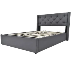Lit 160x200 cm tapissé tissu gris avec coffre de rangement, tête de lit capitonnée et structure bois/métal><noscript><img width=