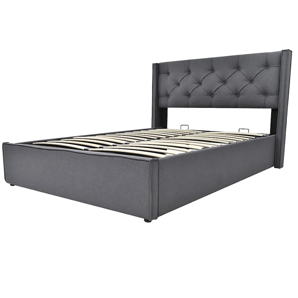Lit 160x200 cm tapissé tissu gris avec coffre de rangement, tête de lit capitonnée et structure bois/métal>Redom Outlet