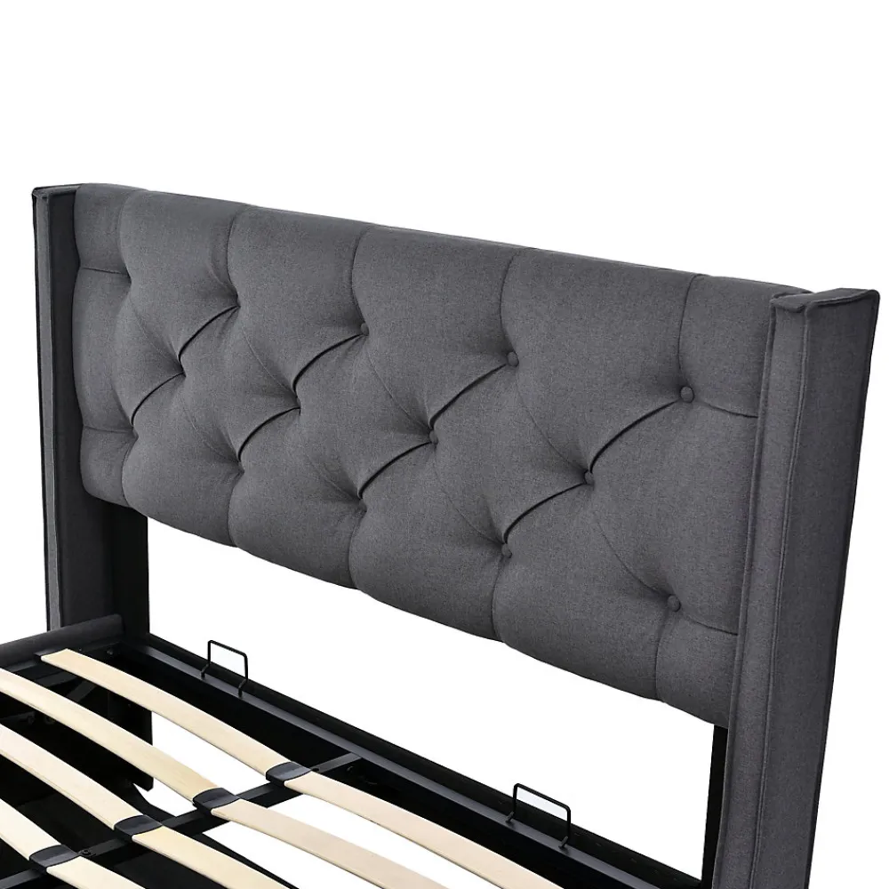 Lit 160x200 cm tapissé tissu gris avec coffre de rangement, tête de lit capitonnée et structure bois/métal>Redom Outlet