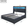 Redom Lit 140x200 cm tapissé tissu lin gris avec rangement hydraulique, tête de lit à LED changeantes et ports USB* Lit Avec Rangement