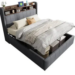 Redom Lit 140x200 cm tapissé tissu lin gris avec rangement hydraulique, tête de lit à LED changeantes et ports USB* Lit Avec Rangement