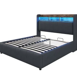 Redom Lit 140x200 cm tapissé tissu lin gris avec rangement hydraulique, tête de lit à LED changeantes et ports USB* Lit Avec Rangement
