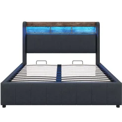 Redom Lit 140x200 cm tapissé tissu lin gris avec rangement hydraulique, tête de lit à LED changeantes et ports USB* Lit Avec Rangement