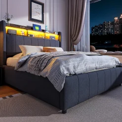 Redom Lit 140x200 cm tapissé tissu lin gris avec rangement hydraulique, tête de lit à LED changeantes et ports USB* Lit Avec Rangement