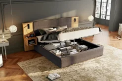 Redom Lit 180x200 cm tapissé velours avec rangement hydraulique, éclairage et prises USB, 2 chevets assortis* Lit Avec Rangement