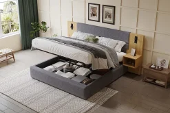 Redom Lit 180x200 cm tapissé velours avec rangement hydraulique, éclairage et prises USB, 2 chevets assortis* Lit Avec Rangement