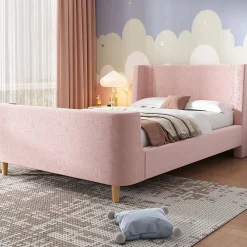 Lit 90x200 cm tapissé velours avec tête de lit style luge, motifs spatiaux enfantins, coloris rose><noscript><img width=