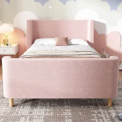 Lit 90x200 cm tapissé velours avec tête de lit style luge, motifs spatiaux enfantins, coloris rose><noscript><img width=