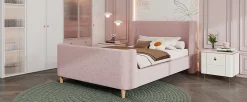 Lit 90x200 cm tapissé velours avec tête de lit style luge, motifs spatiaux enfantins, coloris rose><noscript><img width=