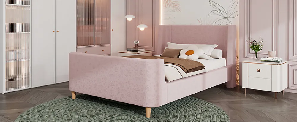 Lit 90x200 cm tapissé velours avec tête de lit style luge, motifs spatiaux enfantins, coloris rose>Redom Clearance