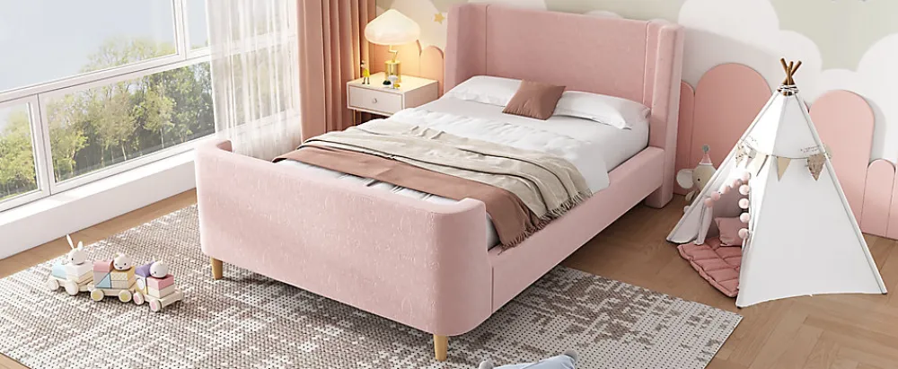 Lit 90x200 cm tapissé velours avec tête de lit style luge, motifs spatiaux enfantins, coloris rose>Redom Clearance