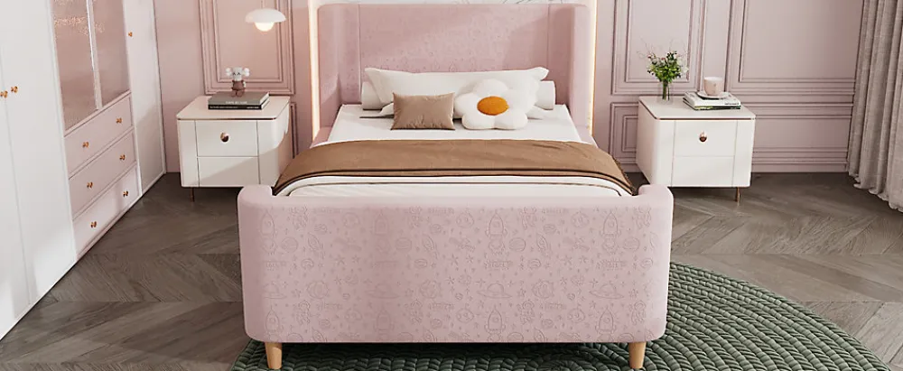 Lit 90x200 cm tapissé velours avec tête de lit style luge, motifs spatiaux enfantins, coloris rose>Redom Clearance