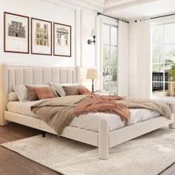 Redom Lit 160x200 cm tapissé velours beige avec tête de lit ondulée et pieds cylindriques 43,5 cm* Lit Double