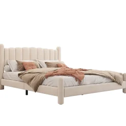 Redom Lit 160x200 cm tapissé velours beige avec tête de lit ondulée et pieds cylindriques 43,5 cm* Lit Double