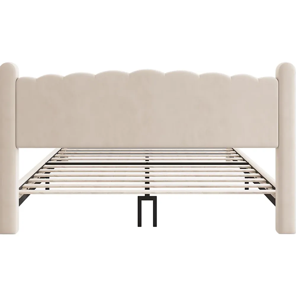 Redom Lit 160x200 cm tapissé velours beige avec tête de lit ondulée et pieds cylindriques 43,5 cm* Lit Double