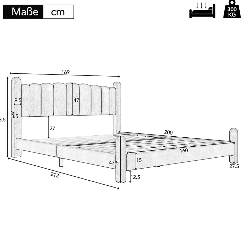 Redom Lit 160x200 cm tapissé velours beige avec tête de lit ondulée et pieds cylindriques 43,5 cm* Lit Double
