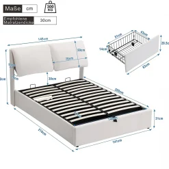 Redom Lit 140x200 cm tapissé velours beige avec coffre intégré, 3 tiroirs latéraux et tête de lit réglable* Lit Avec Rangement