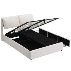 Redom Lit 140x200 cm tapissé velours beige avec coffre intégré, 3 tiroirs latéraux et tête de lit réglable* Lit Avec Rangement