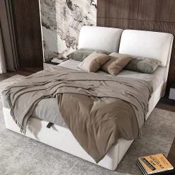 Redom Lit 140x200 cm tapissé velours beige avec coffre intégré, 3 tiroirs latéraux et tête de lit réglable* Lit Avec Rangement