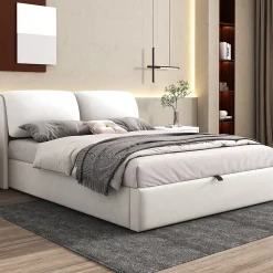 Redom Lit 140x200 cm tapissé velours beige avec coffre intégré, 3 tiroirs latéraux et tête de lit réglable* Lit Avec Rangement