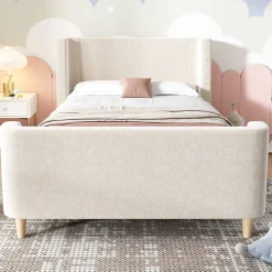 Redom Lit 90x200 cm tapissé velours beige, design luge avec tête rembourrée et motif spatial, cadre métal et bois* Lit Simple