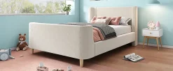 Redom Lit 90x200 cm tapissé velours beige, design luge avec tête rembourrée et motif spatial, cadre métal et bois* Lit Simple