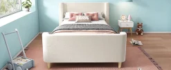 Redom Lit 90x200 cm tapissé velours beige, design luge avec tête rembourrée et motif spatial, cadre métal et bois* Lit Simple