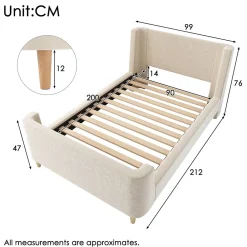 Redom Lit 90x200 cm tapissé velours beige, design luge avec tête rembourrée et motif spatial, cadre métal et bois* Lit Simple