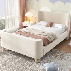 Redom Lit 90x200 cm tapissé velours beige, design luge avec tête rembourrée et motif spatial, cadre métal et bois* Lit Simple